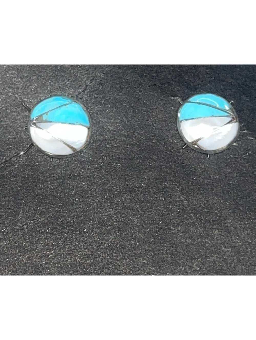 Zuni sterling silver inlay turquoise mother of pearl earrings post